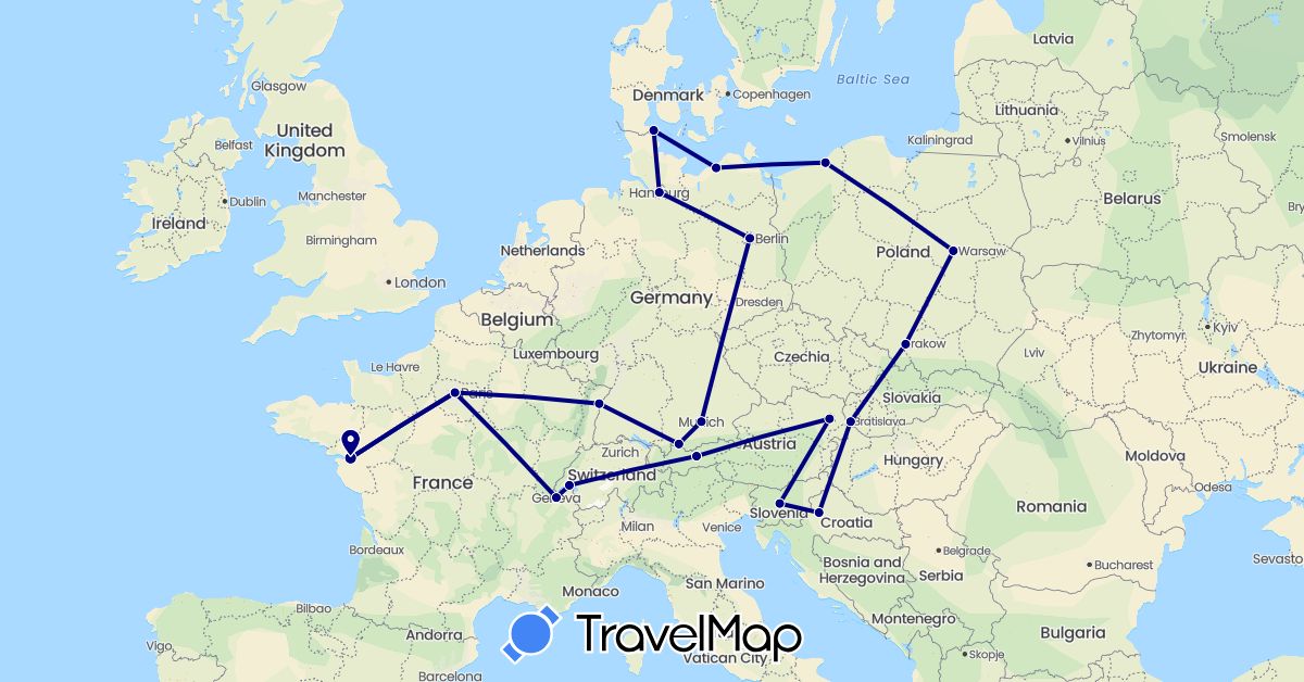TravelMap itinerary: driving in Austria, Switzerland, Germany, Denmark, France, Croatia, Poland, Slovenia, Slovakia (Europe)